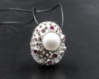 Sterling Silver Ball Pendant with White Cultured Pearl and Real Red Rubies, Long Necklace Gift for Her, Pearl Lucky Birthstone