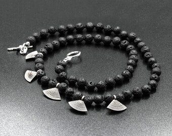 Black Lava Stone Delicate Necklace with Sterling Silver Geometrical Charms, Men and Women Santorini Black Lava Jewelry