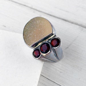 Druzy Multi Gemstone Big Ring, Druzy Agate and Garnet Sterling Silver Statement Ring, Large Cocktail Ring, Gemstone Jewelry, Druzy Jewelry image 1