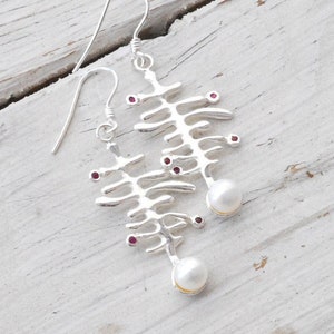 Long Drop Sterling Silver Earrings with White Cultured Pearls and Natural Red Rubies, Bridal White Pearl Jewelry,  June Birthstone Gift
