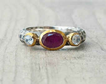 Red Garnet Sterling Silver Ring: Oval Stone & Cubic Zirconia
