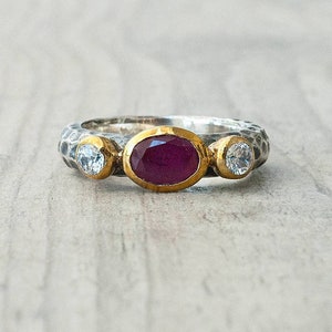 Red Garnet and Cubic Zirconia Diamonds Sterling Silver Ring, Statement Red Stone Ring, Garnet Jewelry, January Lucky Birthstone