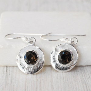 Smoky Quartz Sterling Silver Small Dangle Earrings, Brown Round Gemstone Earrings, Smoky Quartz Jewelry