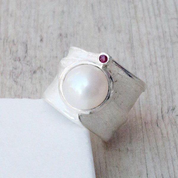 Sterling Silver Wide Band Ring with White Cultured Big Pearl and Red Ruby, Pearl Anniversary, June Lucky Birthstone