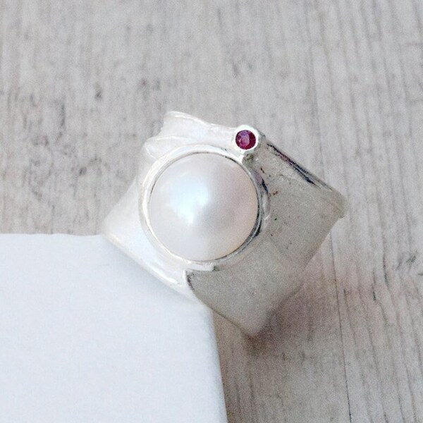Sterling Silver Wide Band Ring with White Cultured Big Pearl and Red Ruby, Pearl Anniversary, June Lucky Birthstone