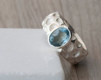 Blue Topaz Sterling Silver Wide Band Ring, Solitaire Engagement Ring, Blue Wedding Ring, Statement Topaz Jewelry