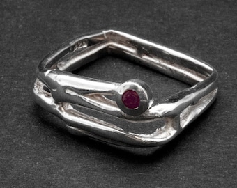 Red Ruby and Sterling Silver Square Band Ring, Delicate Gemstone Ring, July Lucky Birthstone Gift, Red Ruby Jewelry