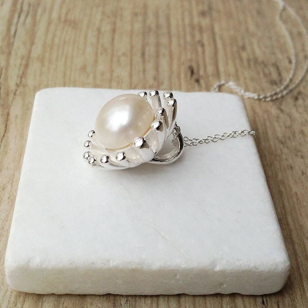 White Cultured Pearl Sterling Silver Pendant, Pearl Wedding, Pearl Anniversary, Pearl Jewelry