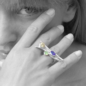 Eccentric Sterling Silver Big Ring with Purple Amethyst Yellow Citrine and Green Peridot, Designer Gemstone Large Ring image 1