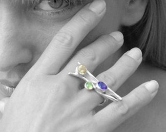 Eccentric Sterling Silver Big Ring with Purple Amethyst Yellow Citrine and Green Peridot, Designer Gemstone Large Ring