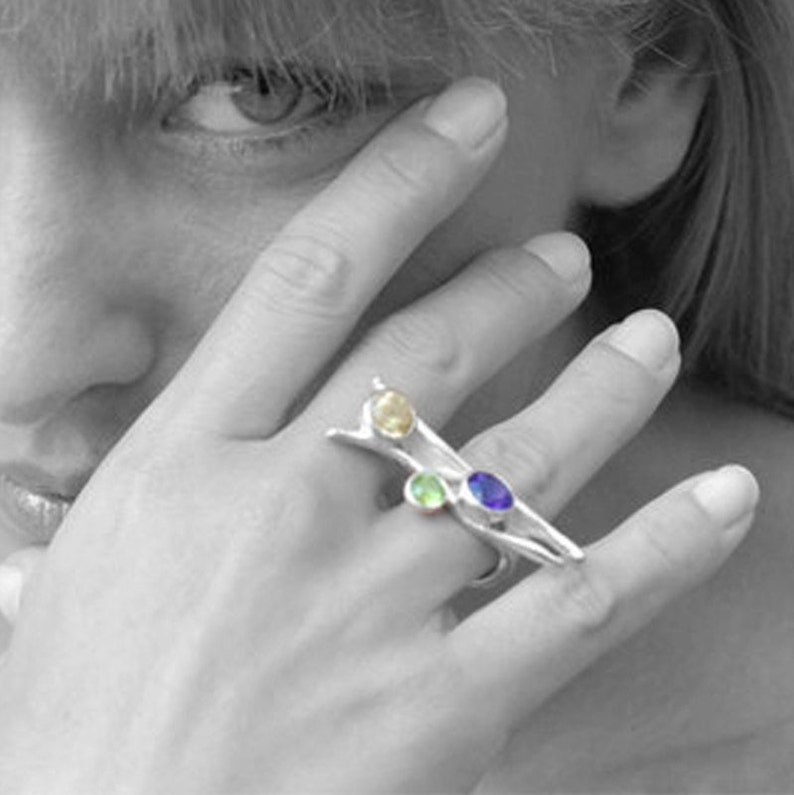 Eccentric Sterling Silver Big Ring with Purple Amethyst Yellow Citrine and Green Peridot, Designer Gemstone Large Ring image 1