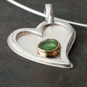 Double Heart Sterling Silver and Gold Pendant with Green Tsavorite Garnet, Romantic Love Necklace Gift for Her image 4