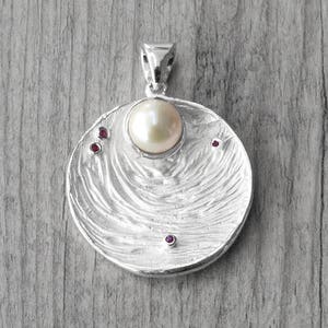 Sterling Silver Pearl Pendant: Red Ruby Accents, Bridal Jewelry
