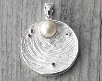 White Pearl Sterling Silver Large Pendant with Cultured Pearl and Natural Red Rubies, Pearl Bridal Jewelry, Pearl Anniversary