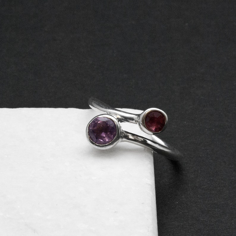 Delicate Cocktail Ring Size 8 Ring Twist Dual Stone Ring Purple Amethyst Red Tourmaline Gemstone Sterling Silver Ring Amethyst Jewelry