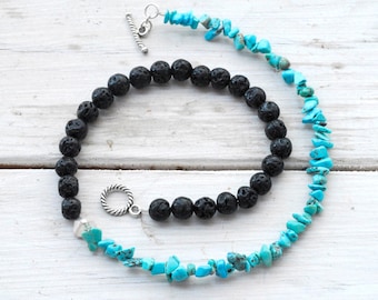 Black Lava Stone and Blue Turquoise Necklace, Everyday Minimalist Lava Stone Jewelry, Turquoise Necklace Gift for Her