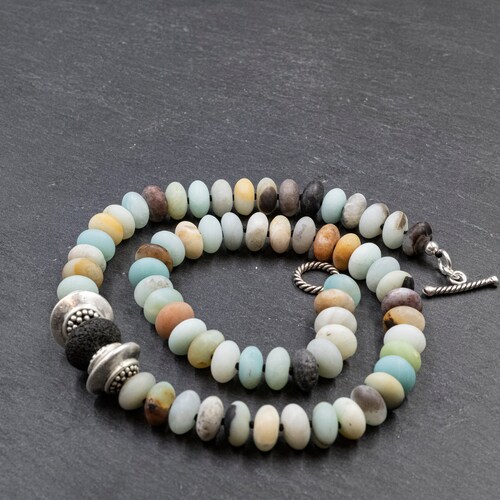 Blue Shades Amazonite Black Lava Stone and Sterling Silver shops Necklace, Hand-Knotted Designer Statement Necklace Gift for Her