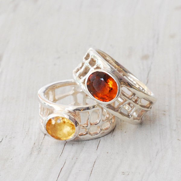 Yellow Citrine Sterling Silver Wide Band Ring, Solitaire Designer Statement Ring, Citrine Jewelry, November Lucky Birthstone Gift