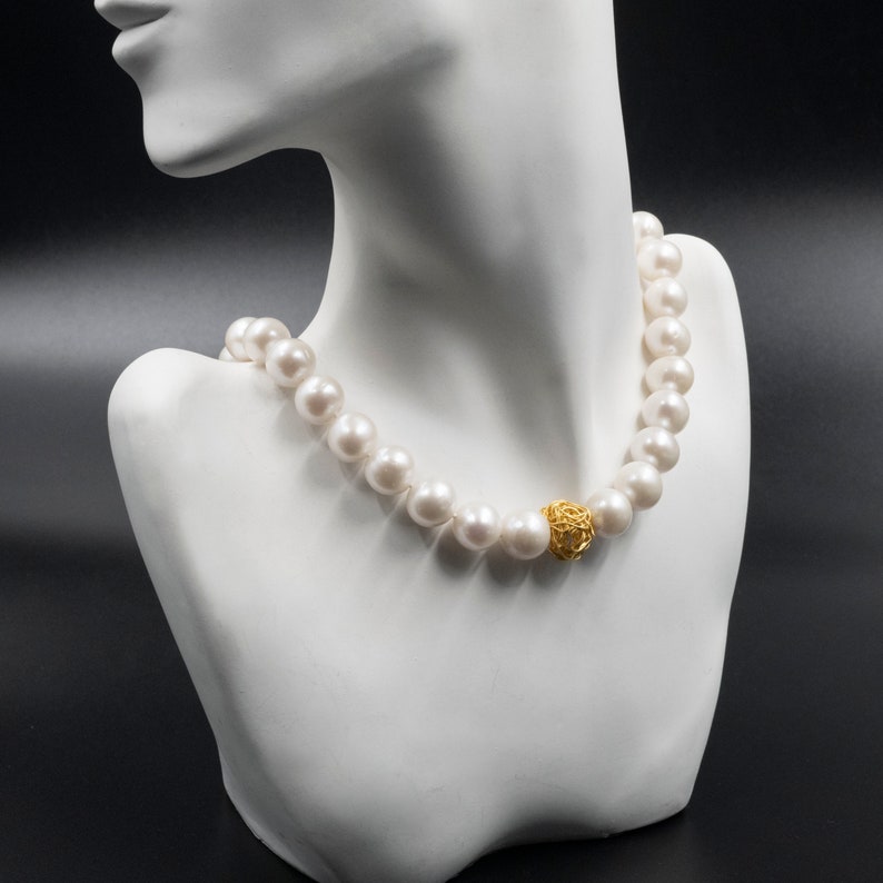 White Freshwater Pearl Necklace with Sterling Silver Gold Plated Wire Bead, Pearl Anniversary, June Lucky Birthstone Gift for Her image 3