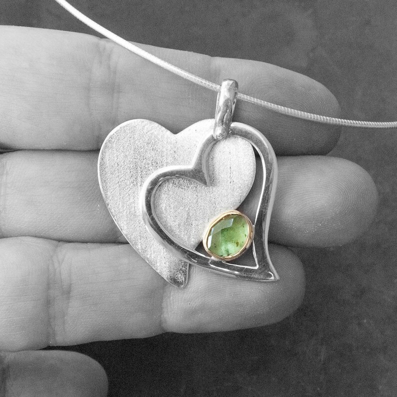 Double Heart Sterling Silver and Gold Pendant with Green Tsavorite Garnet, Romantic Love Necklace Gift for Her image 3