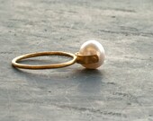 Solid Gold Pearl Ring, Engagement/Wedding Ring, 18 Karat Gold Natural Cultured White Pearl Solitaire Ring Pearl Wedding Anniversary Size 7.5