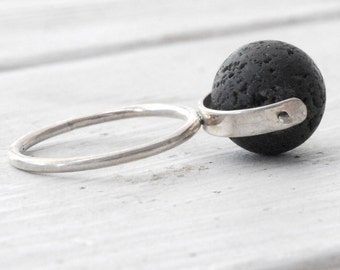 Black Lava Stone Sterling Silver Geometric Ball Ring, Eccentric Statement Ring, Santorini Lava Jewelry, Wearable Art