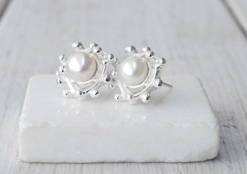 White Cultured Pearl Sterling Silver Stud Earrings, Wedding Bridal Earrings, June Birthstone Pearl Gift, Pearl Jewelry, Pearl Anniversary image 4