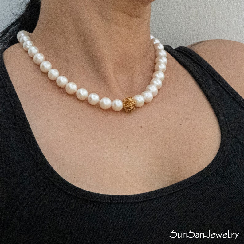 White Freshwater Pearl Necklace with Sterling Silver Gold Plated Wire Bead, Pearl Anniversary, June Lucky Birthstone Gift for Her image 7