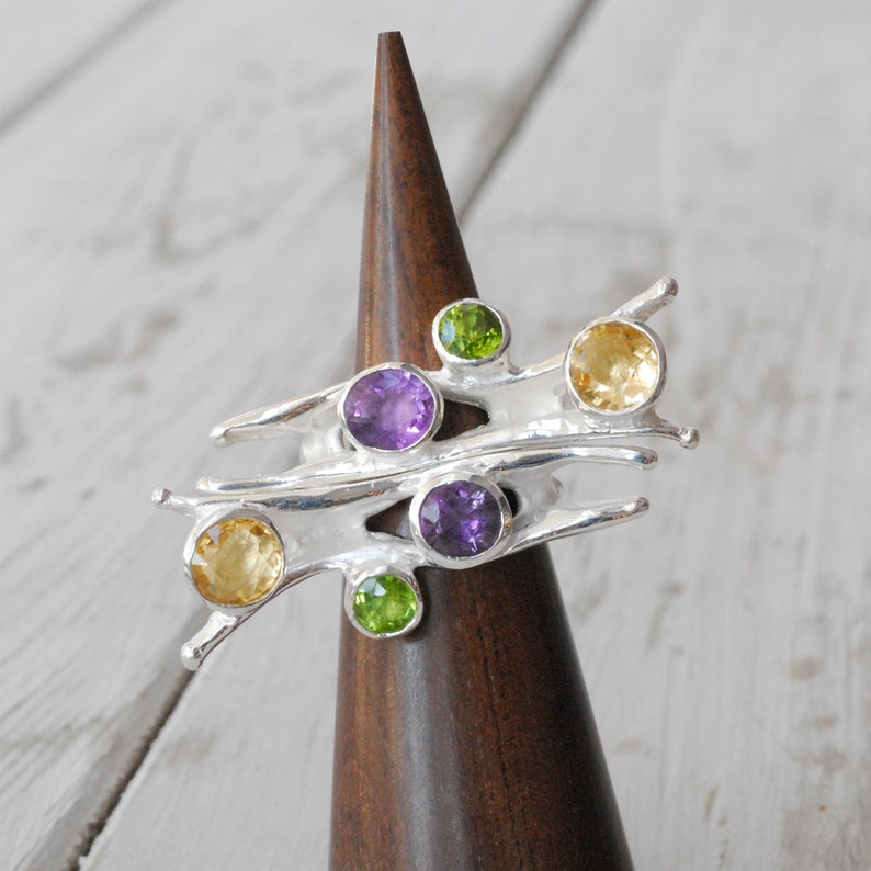 Eccentric Sterling Silver Big Ring with Purple Amethyst Yellow Citrine and Green Peridot, Designer Gemstone Large Ring image 5