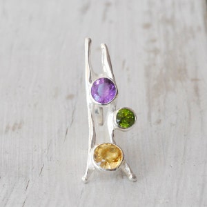 Eccentric Sterling Silver Big Ring with Purple Amethyst Yellow Citrine and Green Peridot, Designer Gemstone Large Ring image 2