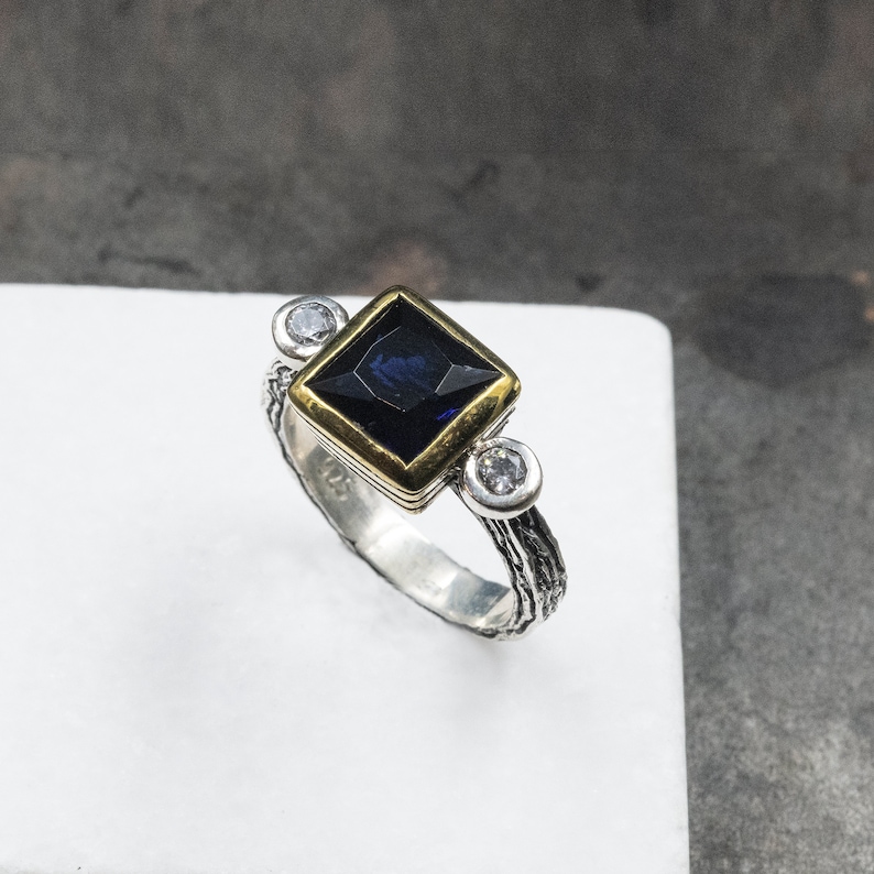 Anillo Cuadrado De Plata De Ley De Diamantes De Diamantes De Etsy