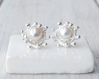 Cultured Pearl Sterling Silver Stud Earrings: Bridal Wedding Jewelry