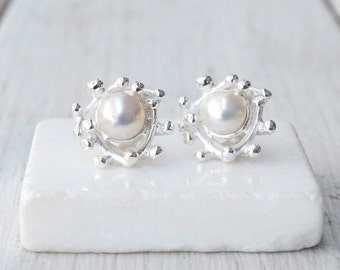 White Cultured Pearl Sterling Silver Stud Earrings, Wedding Bridal Earrings, June Birthstone Pearl Gift, Pearl Jewelry, Pearl Anniversary