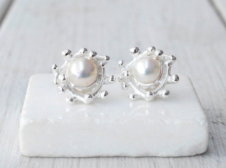 White Cultured Pearl Sterling Silver Stud Earrings, Wedding Bridal Earrings, June Birthstone Pearl Gift, Pearl Jewelry, Pearl Anniversary image 1