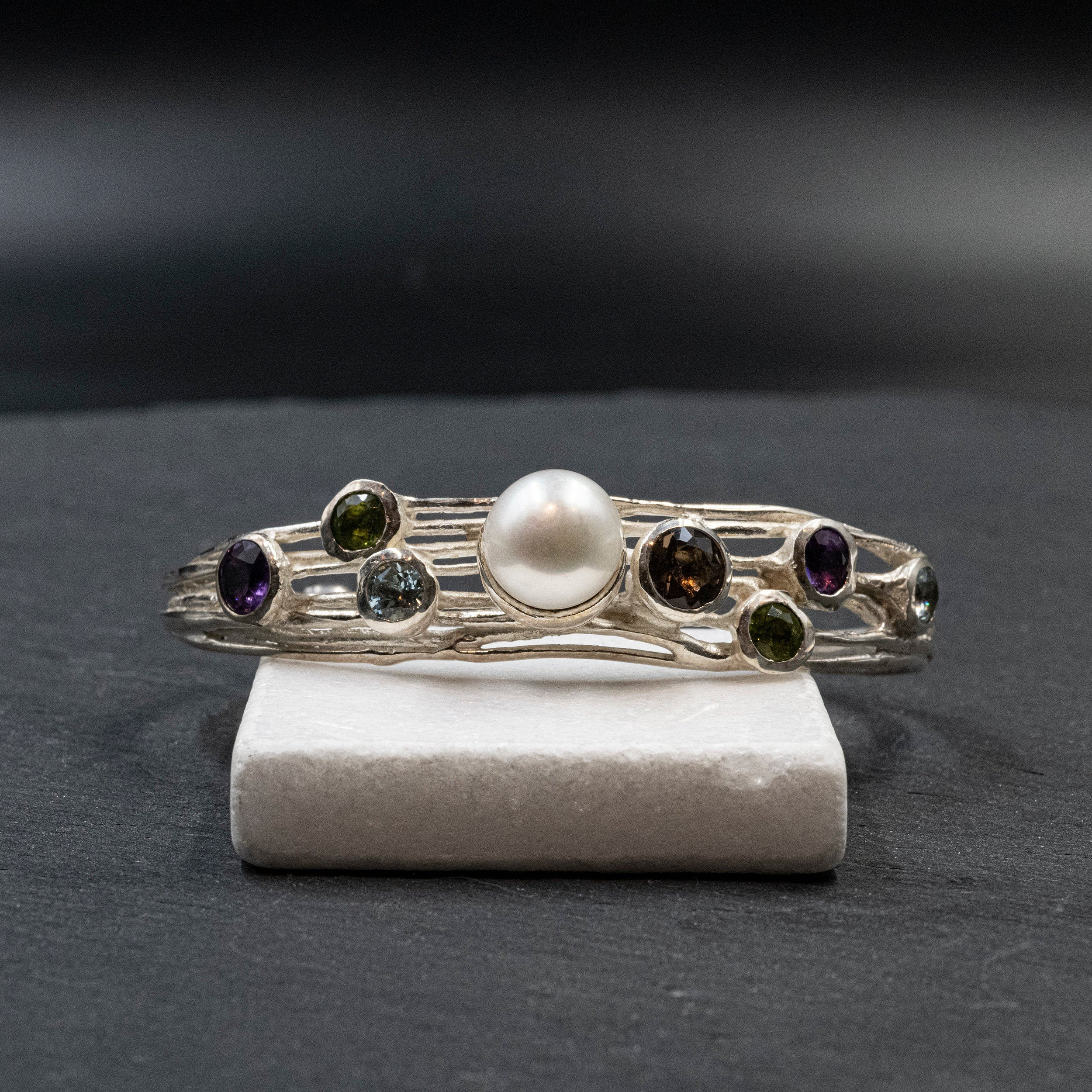 Bracelet Manchette En Argent Sterling 925 Fait Main - Pierre Smoky Quartz, Réglable, Neuf