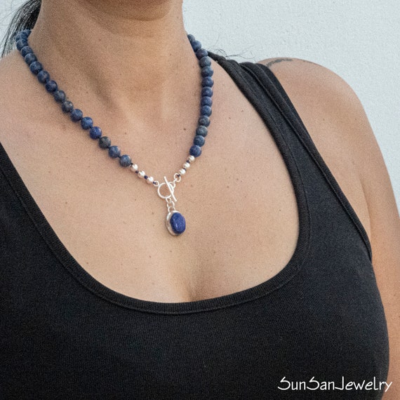 Natural Blue Lapis Lazuli Hand knotted Necklace With Sterling