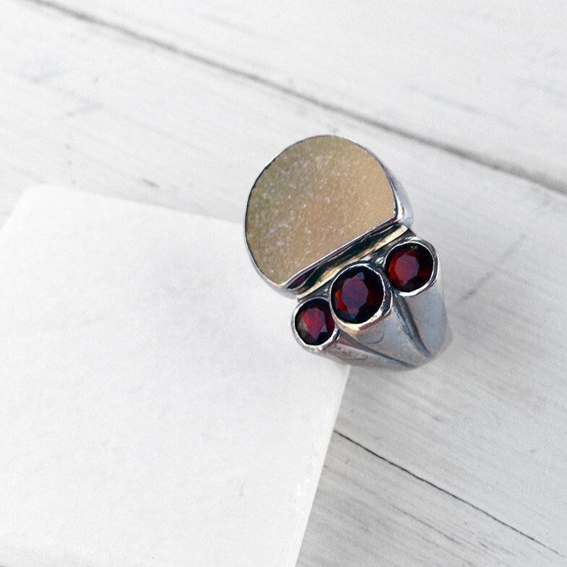 Druzy Multi Gemstone Big Ring, Druzy Agate and Garnet Sterling Silver Statement Ring, Large Cocktail Ring, Gemstone Jewelry, Druzy Jewelry image 1