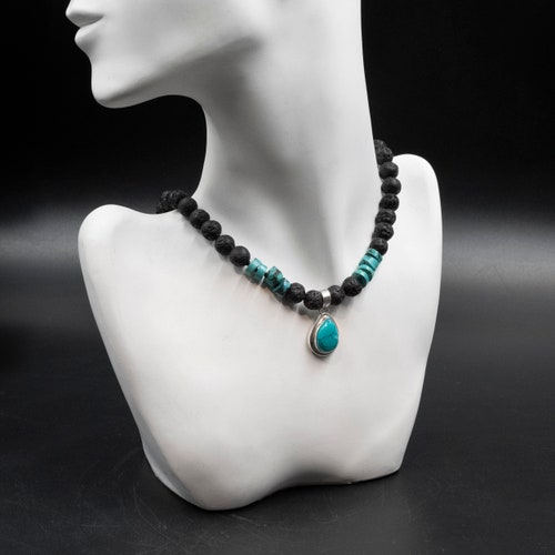 Blue Turquoise and Black Lava Stone Statement Necklace, Hand-knotted Black Beads and Sterling newest Silver Turquoise Pendant Necklace Gift for Her