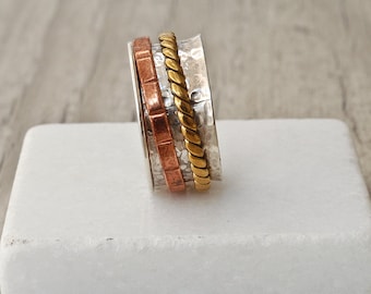 Sterling Silver Wide Band Unisex Ring with Brass and Copper Spinner Bands, Mixed Metal Ring Gift for Him or Her