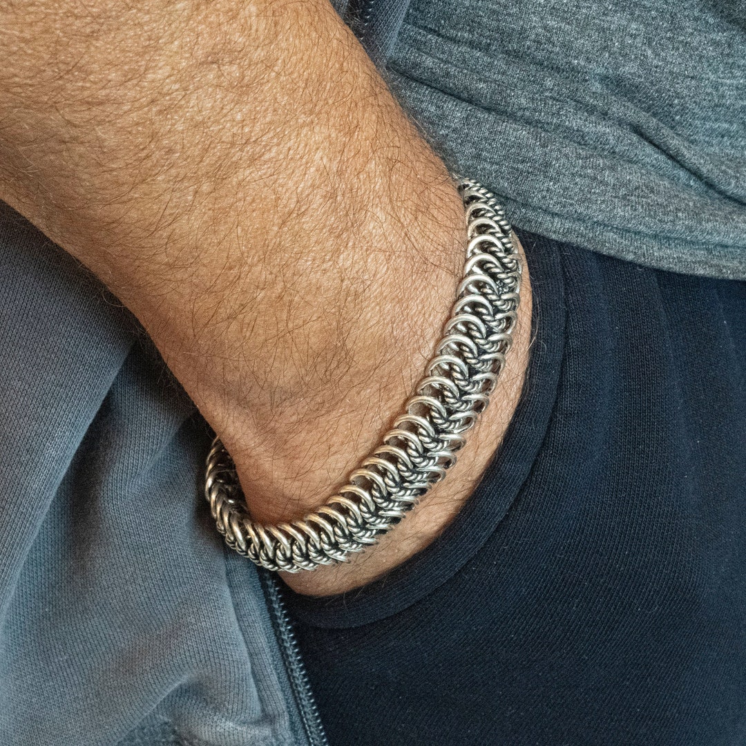 Men Sterling Silver Chain Maille Bracelet, Men/women Handwoven Bracelet ...
