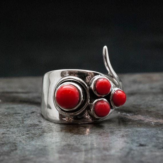 Bague Fleur En Corail Rouge Et Argent Sterling 925 - Taille Ajustable, Neuf Sans Emballage