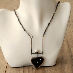 Sterling Silver Heart with white Pearl Pendant on Black Pearls or Sterling Silver Chain Necklace, Heart Jewelry, Valentine's Love Gift image 6