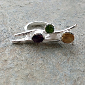 Eccentric Sterling Silver Big Ring with Purple Amethyst Yellow Citrine and Green Peridot, Designer Gemstone Large Ring image 3