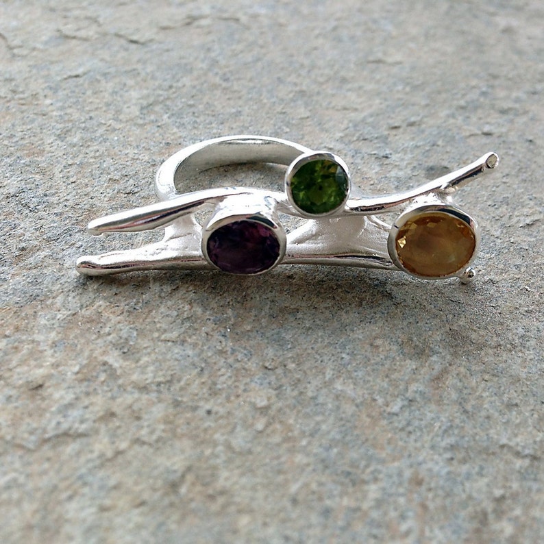 Eccentric Sterling Silver Big Ring with Purple Amethyst Yellow Citrine and Green Peridot, Designer Gemstone Large Ring image 3