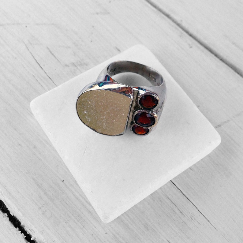 Druzy Multi Gemstone Big Ring, Druzy Agate and Garnet Sterling Silver Statement Ring, Large Cocktail Ring, Gemstone Jewelry, Druzy Jewelry image 3