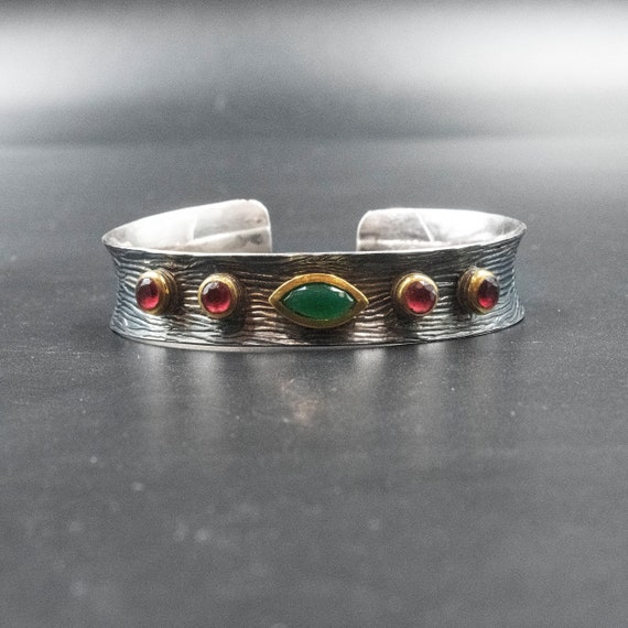 Bracelet Manchette Argent 925 Avec Péridot Et Onyx Vert - Fait Main Réglable, Neuf Avec étiquette