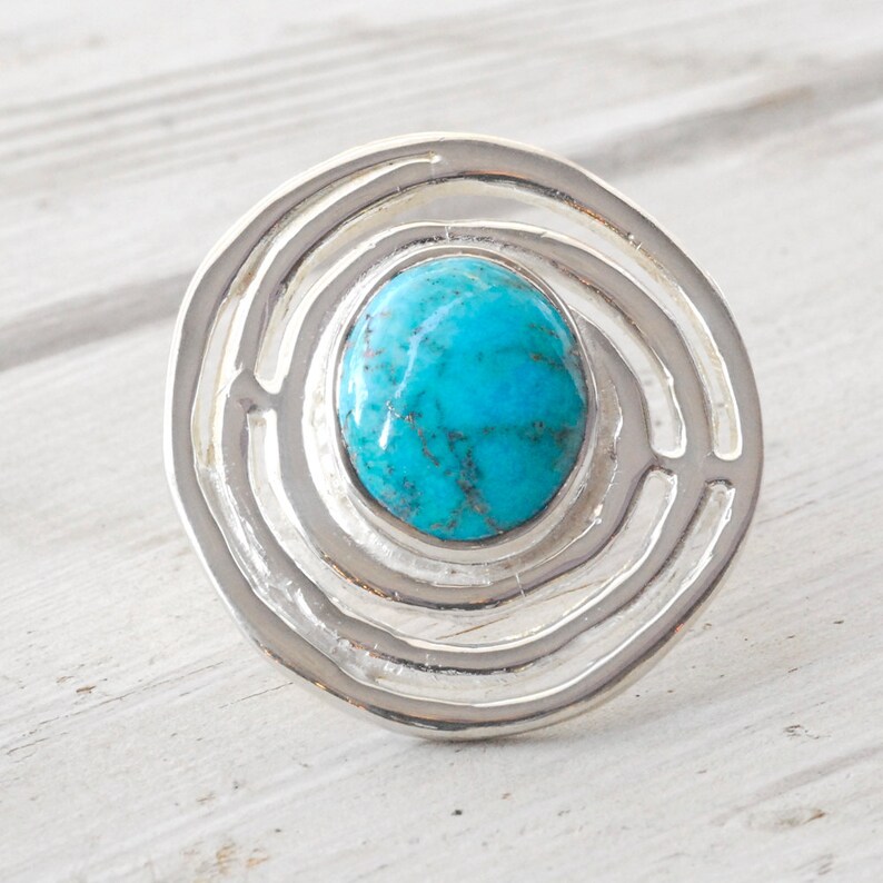 Natural Blue Turquoise and Spiral Sterling Silver Large Ring, Statement Fine Jewelry Gift for Her image 3