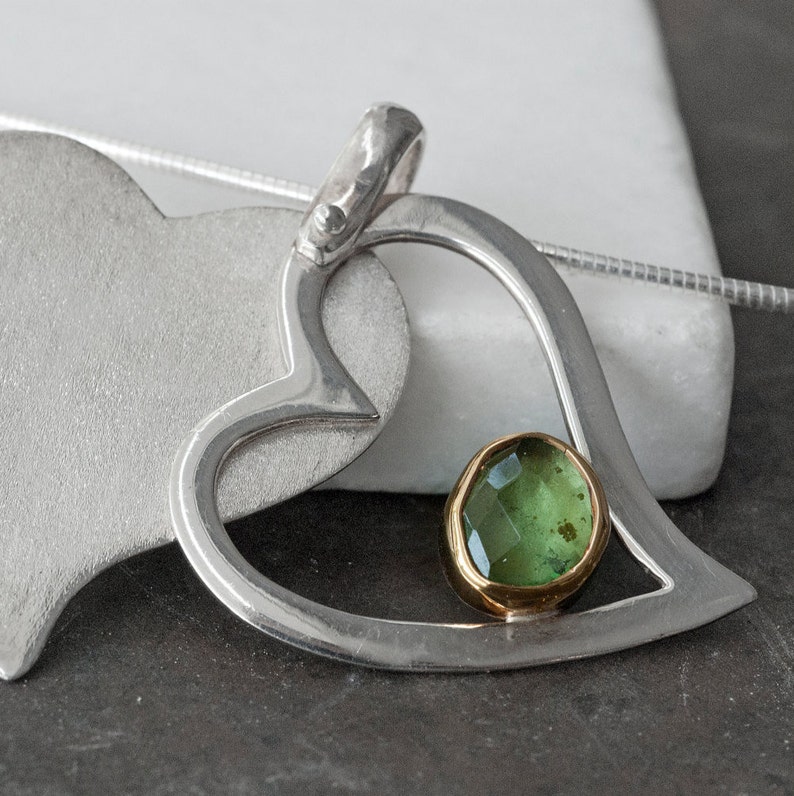 Double Heart Sterling Silver and Gold Pendant with Green Tsavorite Garnet, Romantic Love Necklace Gift for Her image 5