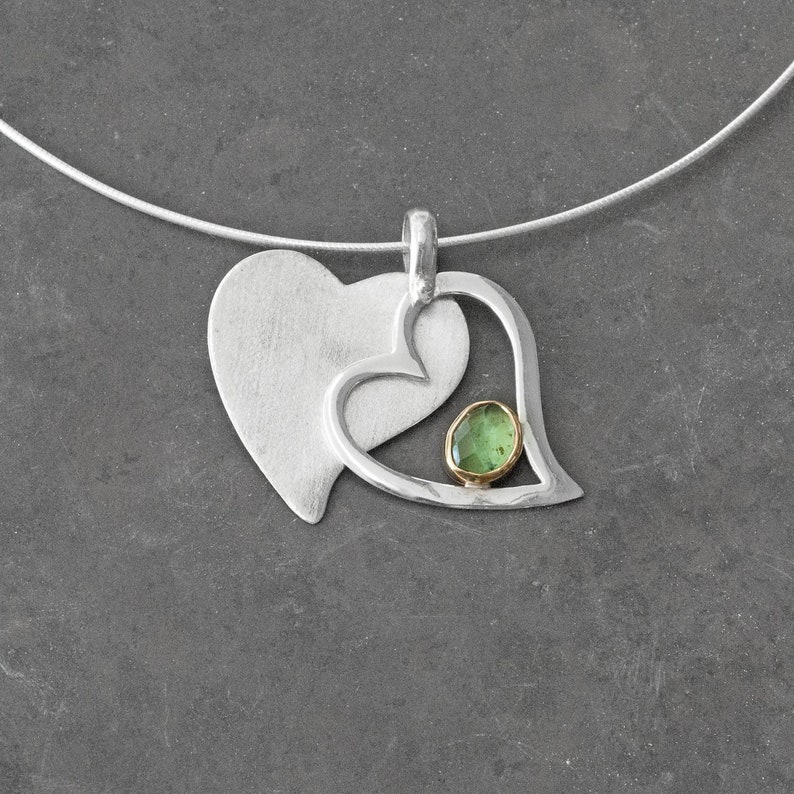Double Heart Sterling Silver and Gold Pendant with Green Tsavorite Garnet, Romantic Love Necklace Gift for Her image 1