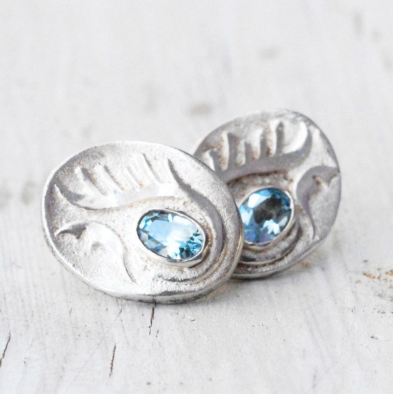 Blue Topaz Sterling Silver Earrings, Statement Gemstone Stud Earrings, November Lucky Birthstone Gift for Her, Blue Topaz Jewelry image 1